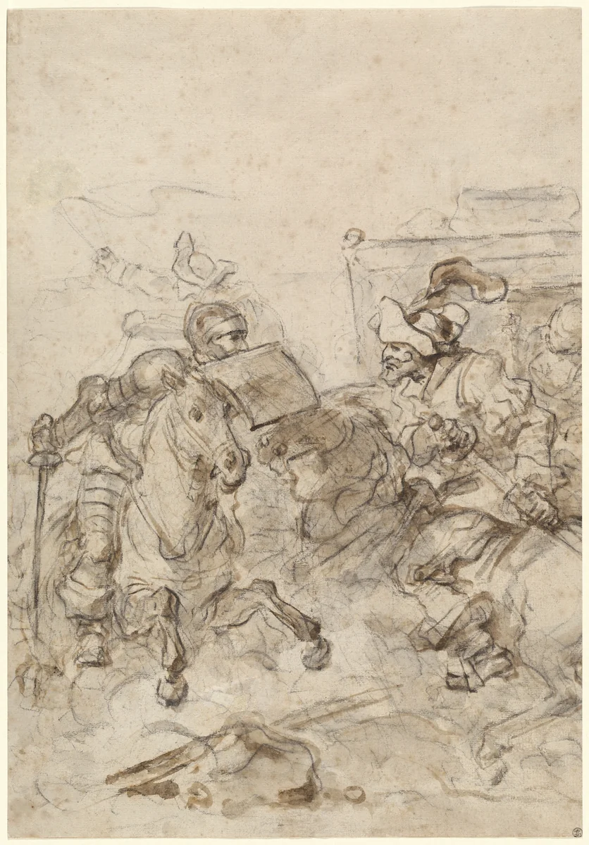 Don Quixote Attacking the Biscayan by Jean Honoré Fragonard, drawing, 1780-1789
