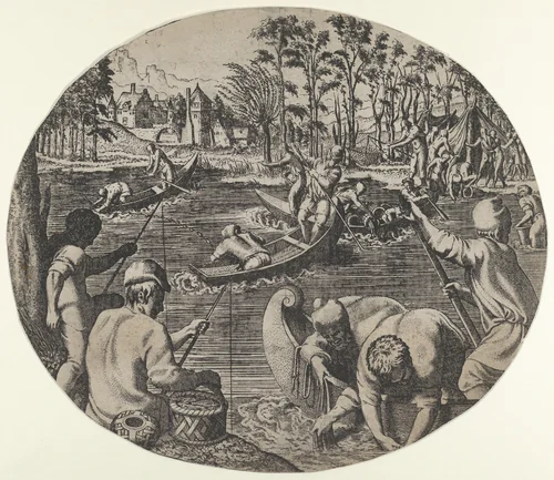 Fishing Scene by Léon Davent, print, 1547