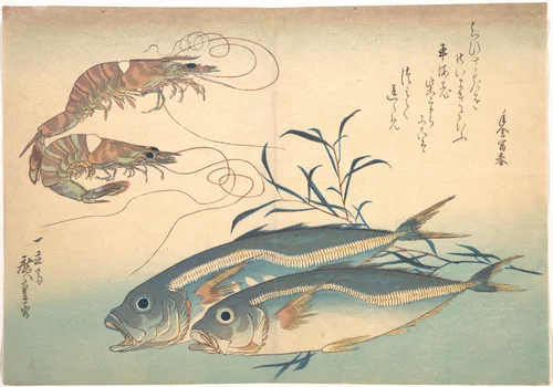 Aji Fish and Kuruma-ebi, from the series Uozukushi (Every Variety of Fish) by Utagawa Hiroshige (歌川広重), print, 1830-1839