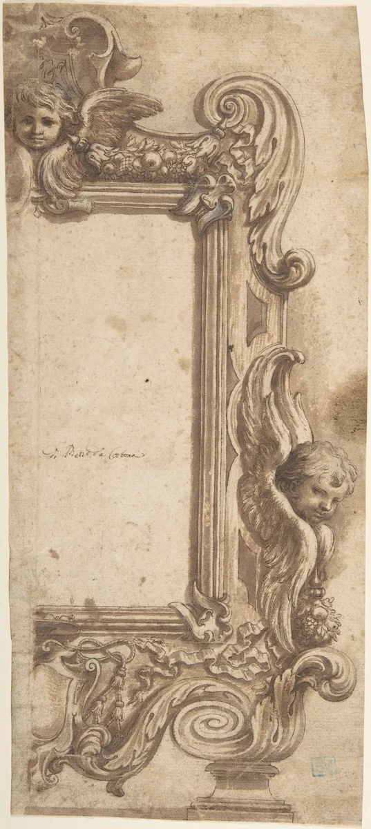 Design for a Half Frame Decorated with Angels, Volutes and Garlands by Ciro Ferri, drawing, 1634-1689