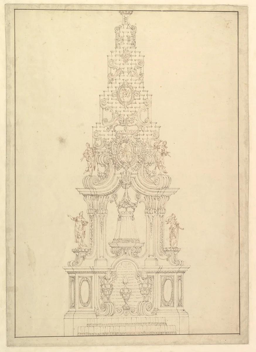Elevation of a Catafalque: the Central Part Comprised of a Series of Steps to Top; with Statues and Central Cartouche with a Figural Scene: a Figure Kneeling before Virgin and Child (?) by Giuseppe Galli Bibiena, drawing, 1696-1756