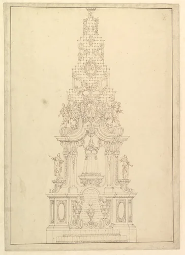 Elevation of a Catafalque: the Central Part Comprised of a Series of Steps to Top; with Statues and Central Cartouche with a Figural Scene: a Figure Kneeling before Virgin and Child (?) by Giuseppe Galli Bibiena, drawing, 1696-1756