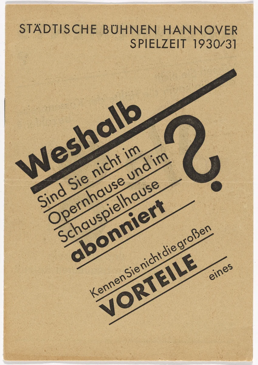 Advertising brochure for subscriptions to the Opera House and Playhouse of the Hannover Municipal Theaters (Städtische Bühnen Hannover) by Kurt Schwitters, design, 1930