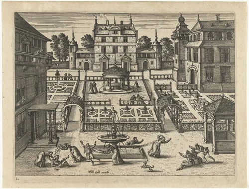 Spelen rond de fontein by Pieter van der Borcht, print, 1545-1608