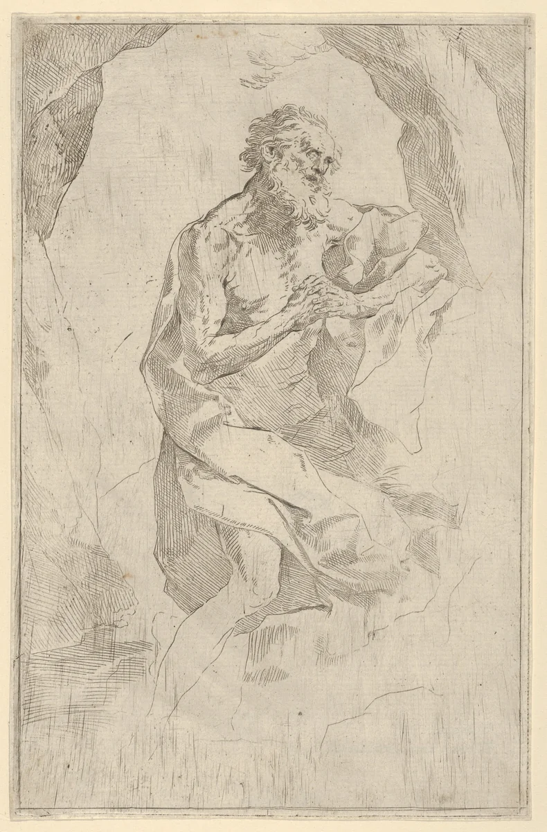 Saint Jerome kneeling on a rock facing right by anonymous, print, 1595-1645