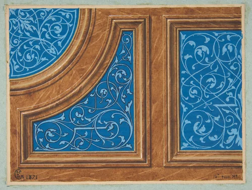 Partial design for wood panneling inlaid with painted panels by Jules-Edmond-Charles Lachaise, drawing, 1871