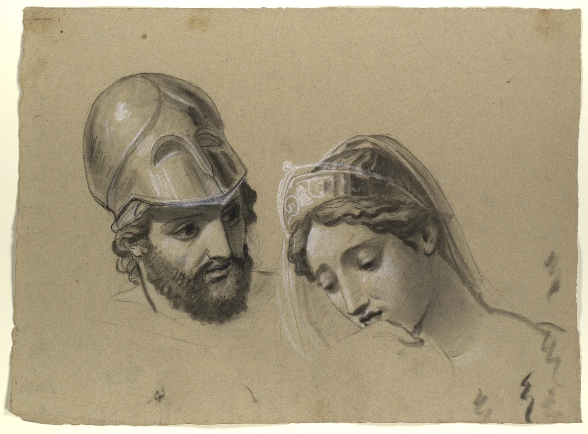 Heads Studies for "Castor and Pollux Freeing Helen" by Joseph-Ferdinand Lancrenon, drawing, 1817
