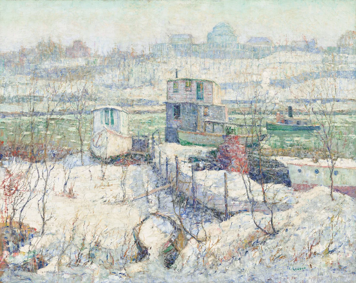 Boathouse, Winter, Harlem River by Ernest Lawson, painting, 1916