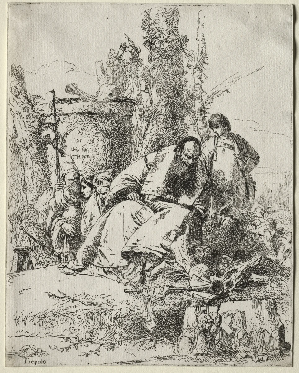 Scherzi di Fantasia: seated Magician, boy and four figures by Giovanni Battista Tiepolo, print, 1745-1765