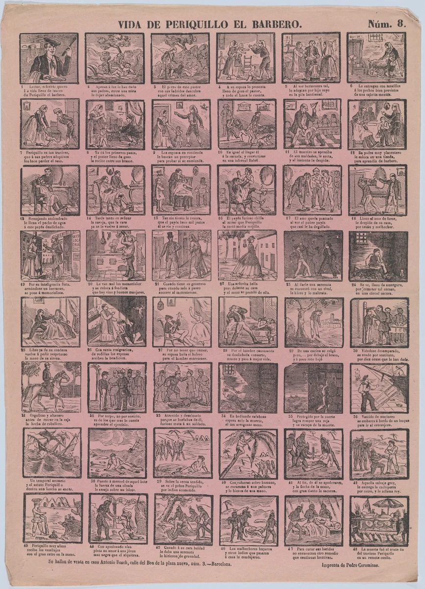 Broadside with 48 scenes from the life of Periquillo the Barber by Antonio Bosch, print, 1855-1875