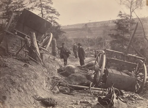 Rebel Cassion Destroyed by Federal Shells. At Fredericksburgh, May 3, 1863. Eight Horses Killed. by Andrew Joseph Russell, photograph, 1863