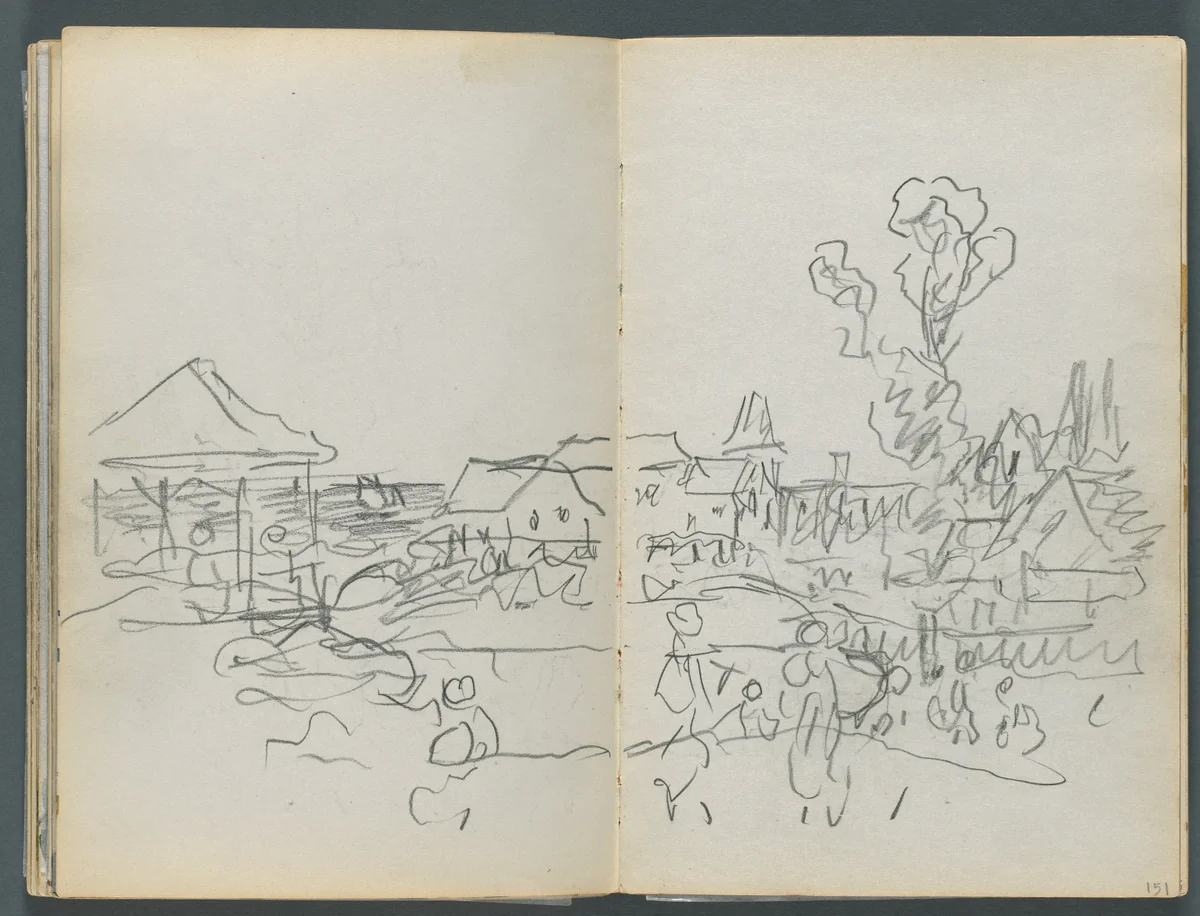Sketchbook, The Dells, N° 127, page 150 &151: Coastal View with Houses by Maurice Prendergast, book, 1919-1921