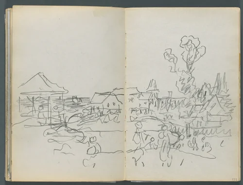 Sketchbook, The Dells, N° 127, page 150 &151: Coastal View with Houses by Maurice Prendergast, book, 1919-1921