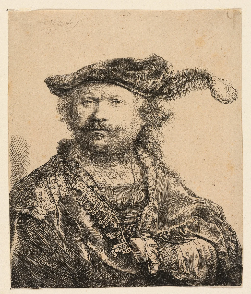 Self-Portrait in a Velvet Cap with Plume by Rembrandt van Rijn, print, 1638