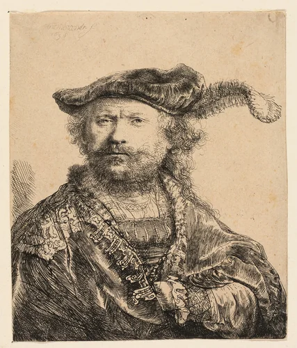 Self-Portrait in a Velvet Cap with Plume by Rembrandt van Rijn, print, 1638