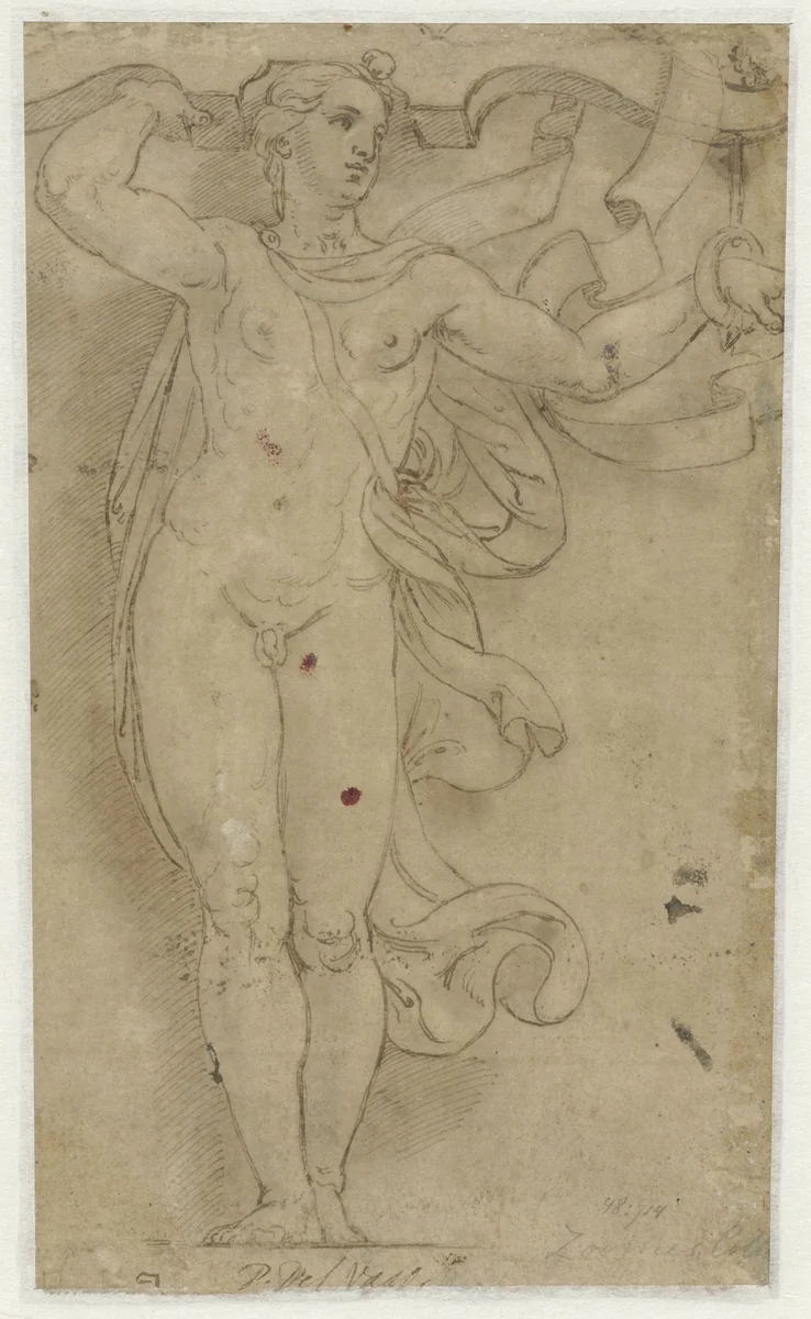 Hermaphroditus als kariatide by Giulio Romano, drawing, 1510-1521