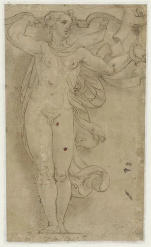 Hermaphroditus als kariatide by Giulio Romano, drawing, 1510-1521