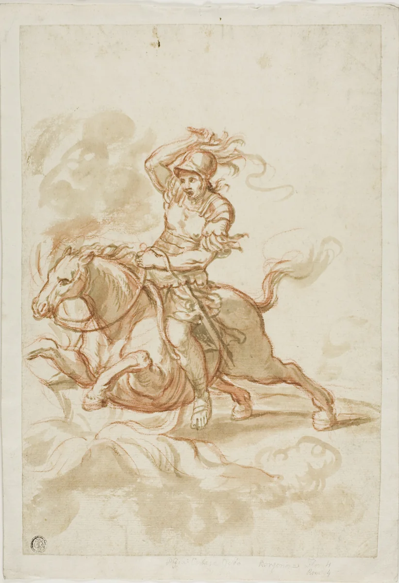 Marcus Curtius Pluging into the Abyss by Charles Le Brun, drawing, 1600-1700