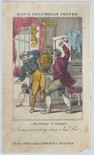 Auctioneer & Lawyer, Auctioneer Knocking Down a Bad Lot (from "King's Columbian Jester") by William C. Borradaile, print, 1823-1824