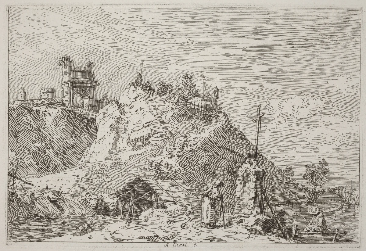 Landscape with the Pilgrim at Prayer [upper left] by Canaletto, print, 1735-1746