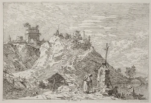 Landscape with the Pilgrim at Prayer [upper left] by Canaletto, print, 1735-1746