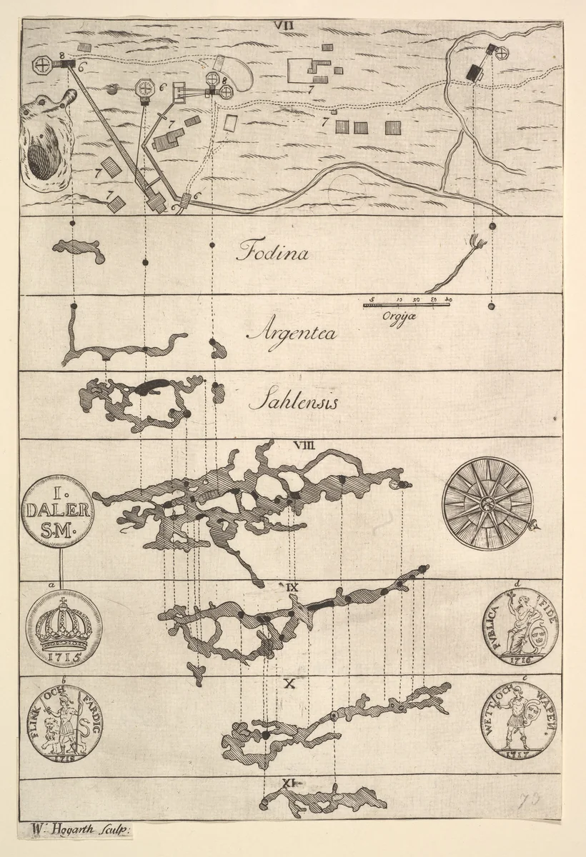 Fodina argentea Sahlensis – A Silver Mine at Sala - II (Aubry de La Mottraye's "Travels throughout Europe, Asia and into Part of Africa...," London, 1724, vol. II, pl. 33, no. 2) by William Hogarth, print, 1723-1724