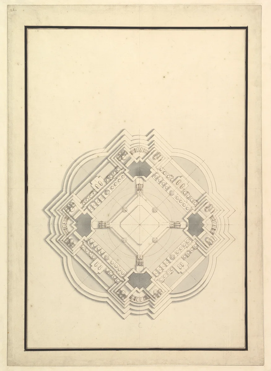Ground Plan for a Catafalque for Louis I, King of Spain (reigned only a few months, died 1724) by Giuseppe Galli Bibiena, drawing, 1719-1729