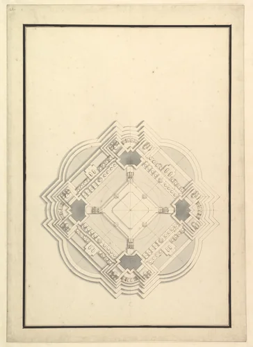 Ground Plan for a Catafalque for Louis I, King of Spain (reigned only a few months, died 1724) by Giuseppe Galli Bibiena, drawing, 1719-1729