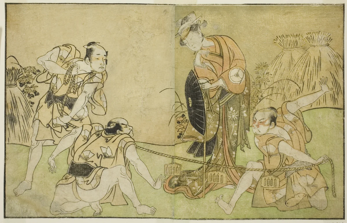 The Actors Bando Zenji I as Nagahashi Saburo, Iwai Hanshiro IV as Otatsu-gitsune, Nakamura Konozo as Hagai Ujitsune, and an Unidentified Actor (right to left), in the Play Nue no Mori Ichiyo no Mato, Performed at the Nakamura Theater in the Eleventh Month, 1770 by Katsukawa Shunsho (勝川 春章), print, 1767-1777