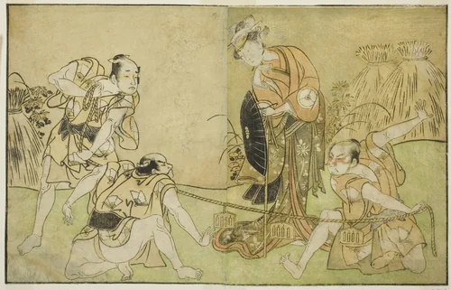 The Actors Bando Zenji I as Nagahashi Saburo, Iwai Hanshiro IV as Otatsu-gitsune, Nakamura Konozo as Hagai Ujitsune, and an Unidentified Actor (right to left), in the Play Nue no Mori Ichiyo no Mato, Performed at the Nakamura Theater in the Eleventh Month, 1770 by Katsukawa Shunsho (勝川 春章), print, 1767-1777