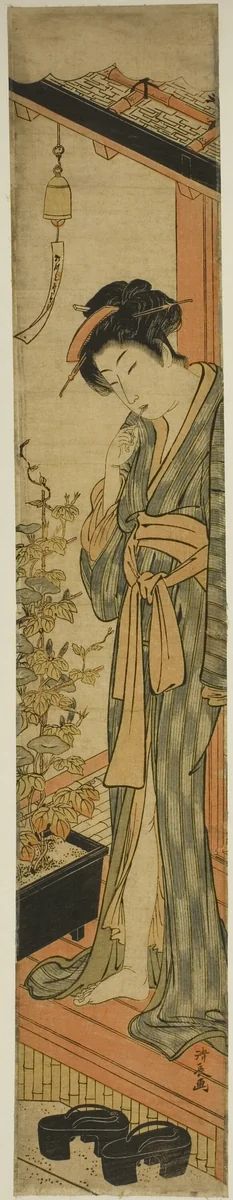 Woman Admiring Morning Glories while Brushing Her Teeth by Torii Kiyonaga (鳥居清長), print, 1774-1784