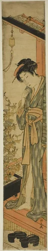 Woman Admiring Morning Glories while Brushing Her Teeth by Torii Kiyonaga (鳥居清長), print, 1774-1784