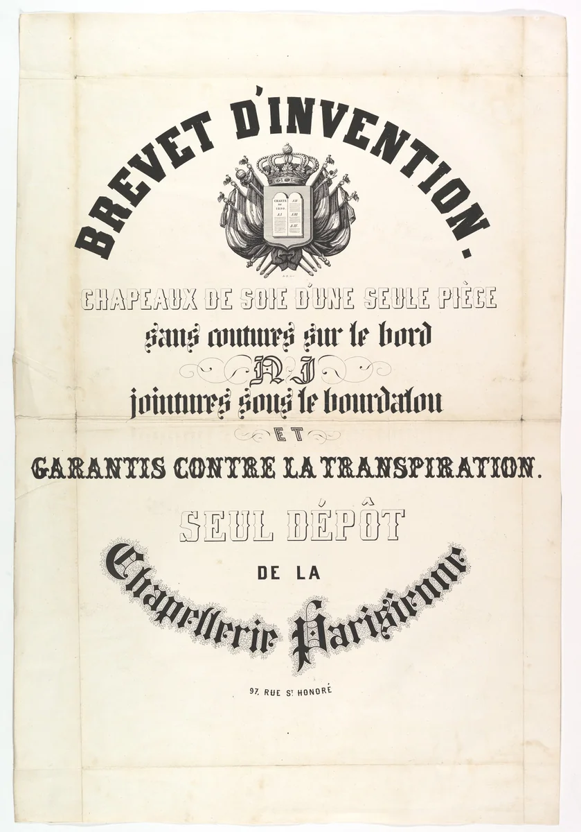 Brevet d'Invention, Chapeaux de soie d'une seule pièce... by anonymous, print, 1800-1900