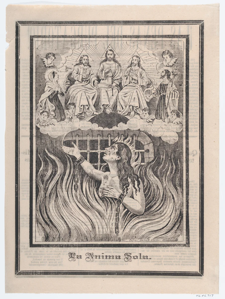 Broadsheet with image of a chained woman in purgatory and the Holy Trinity above by José Guadalupe Posada, print, 1895-1905