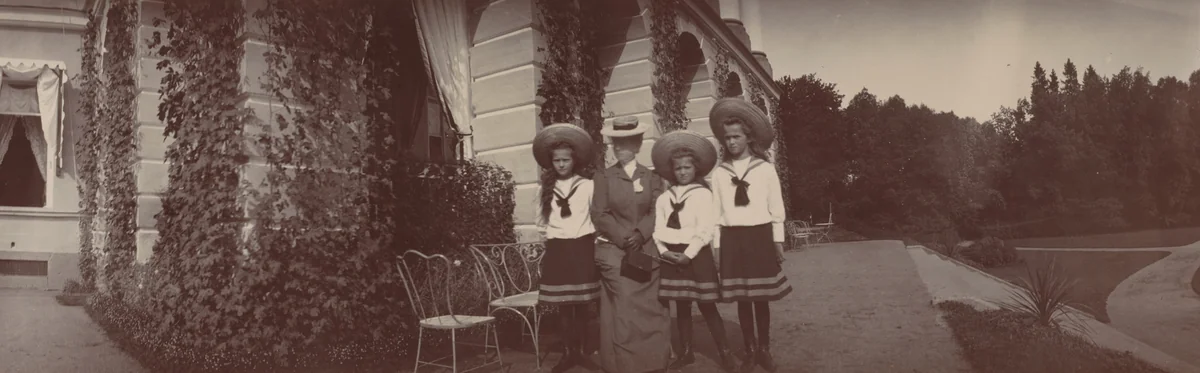 Grand Duchesses Tatiana, Maria and Olga with their Grandmother Marie Feodorovna, The Dowager Empress, Holding a Camera, Ropsha by Unidentified Photographer, photograph, 1908