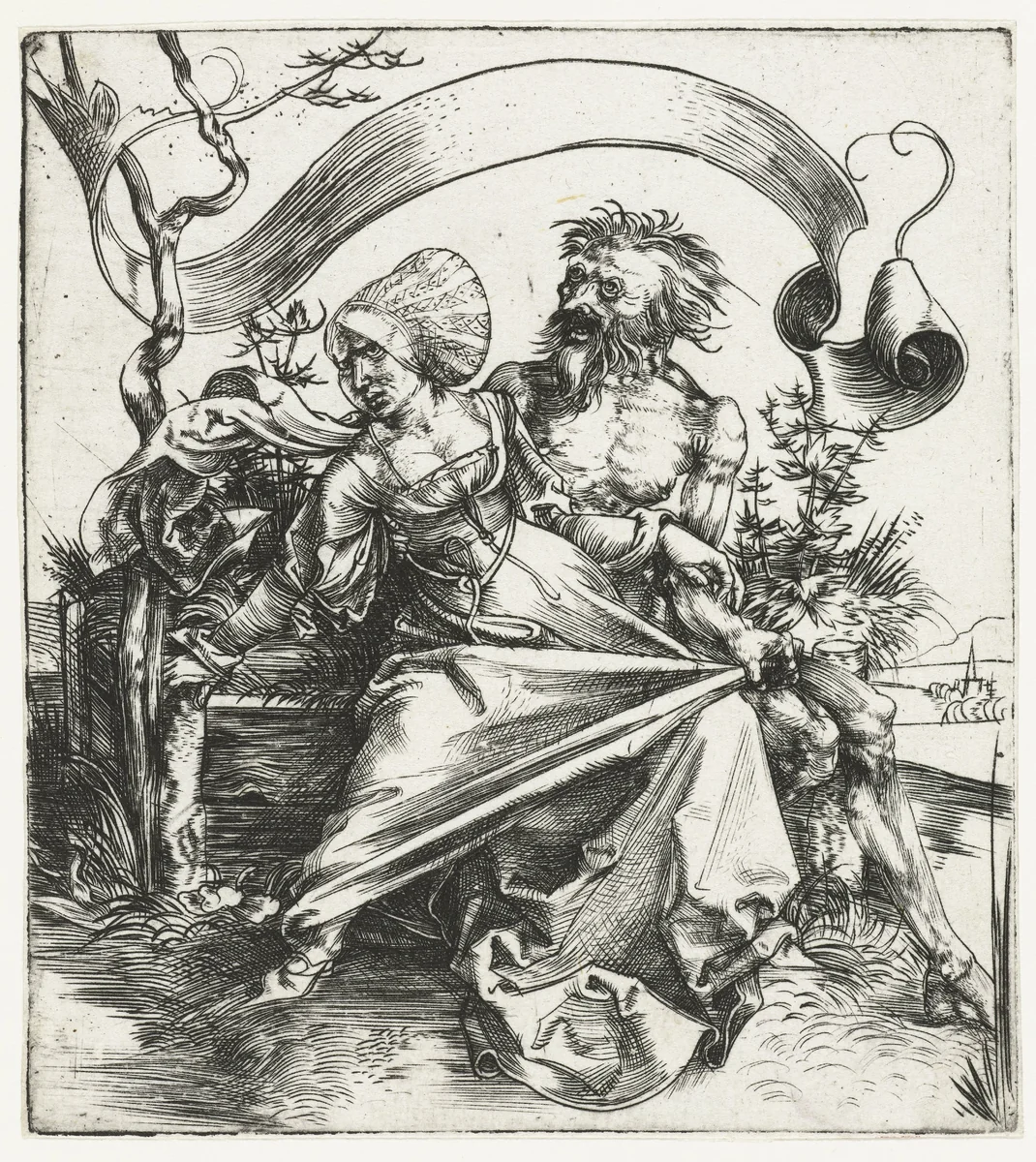 Jonge vrouw aangevallen door de Dood by Albrecht Dürer, print, 1493-1497