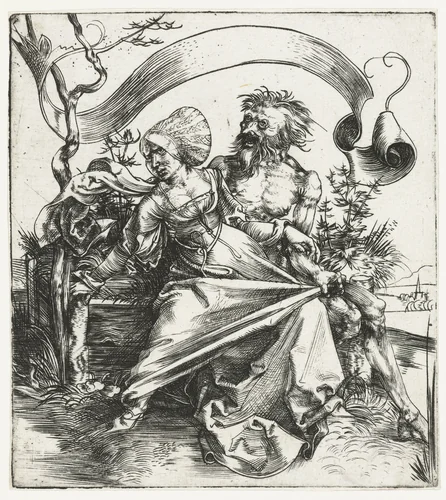 Jonge vrouw aangevallen door de Dood by Albrecht Dürer, print, 1493-1497