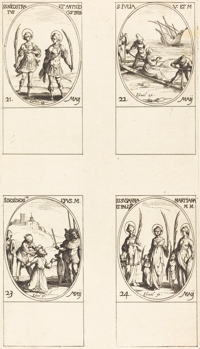 Sts. Nicostratus and Anthiocus; St. Julia; St. Desiderius; Sts. Susanna, Palladia, and Martiana by Jacques Callot, print, 1627-1637