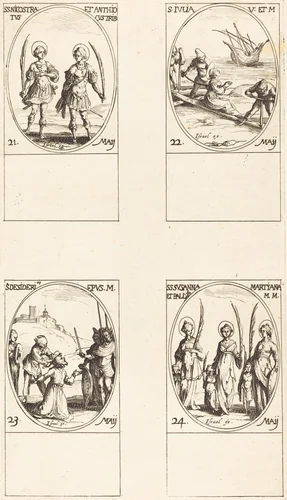 Sts. Nicostratus and Anthiocus; St. Julia; St. Desiderius; Sts. Susanna, Palladia, and Martiana by Jacques Callot, print, 1627-1637