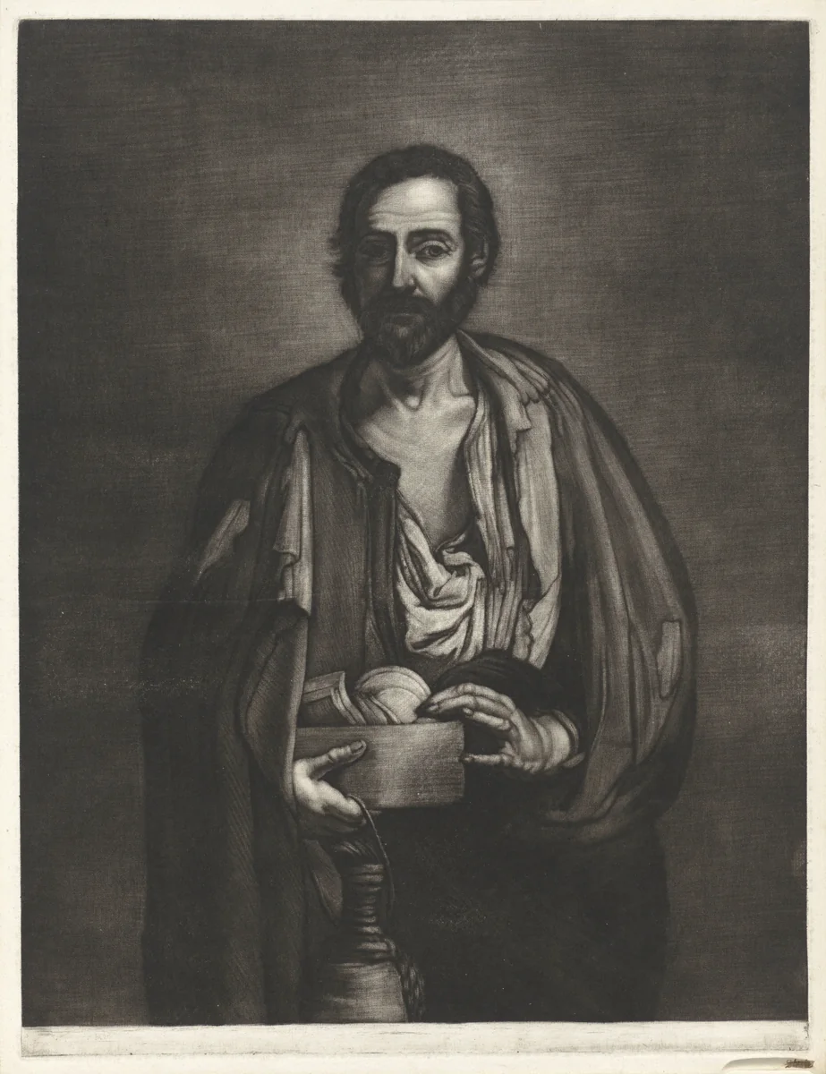 Bedelaarsfilosoof met houten nap en wijnfles by Bernard Vaillant, print, 1672