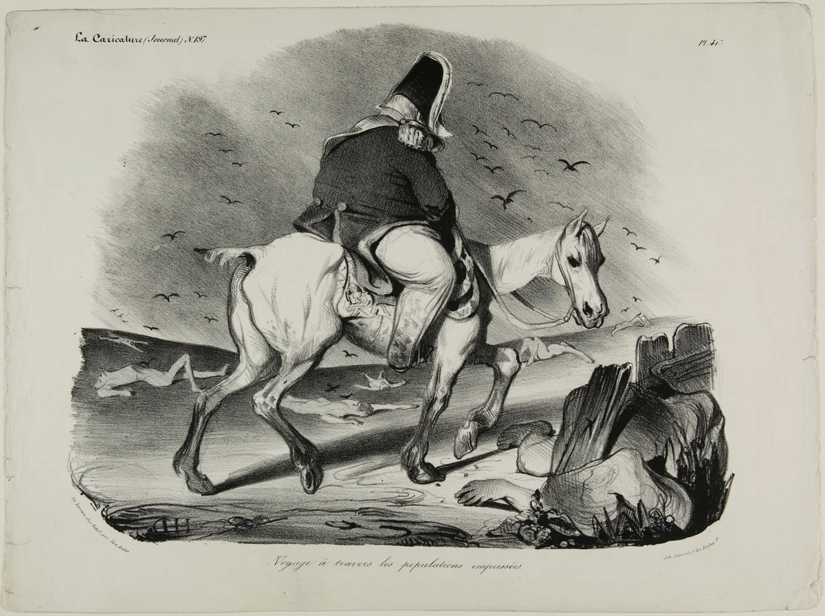 Travel across the attentive population, plate 413 by Honoré-Victorin Daumier, print, 1834