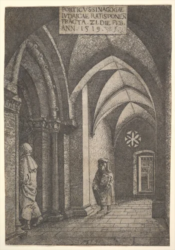 The Entrance Hall of the Regensburg Synagogue by Albrecht Altdorfer, print, 1519