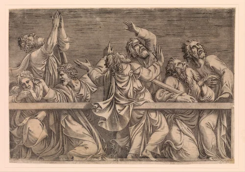 The Apostles Looking at Christ and the Virgin in a Glory of Angels (bottom left plate) by Léon Davent, print, 1546