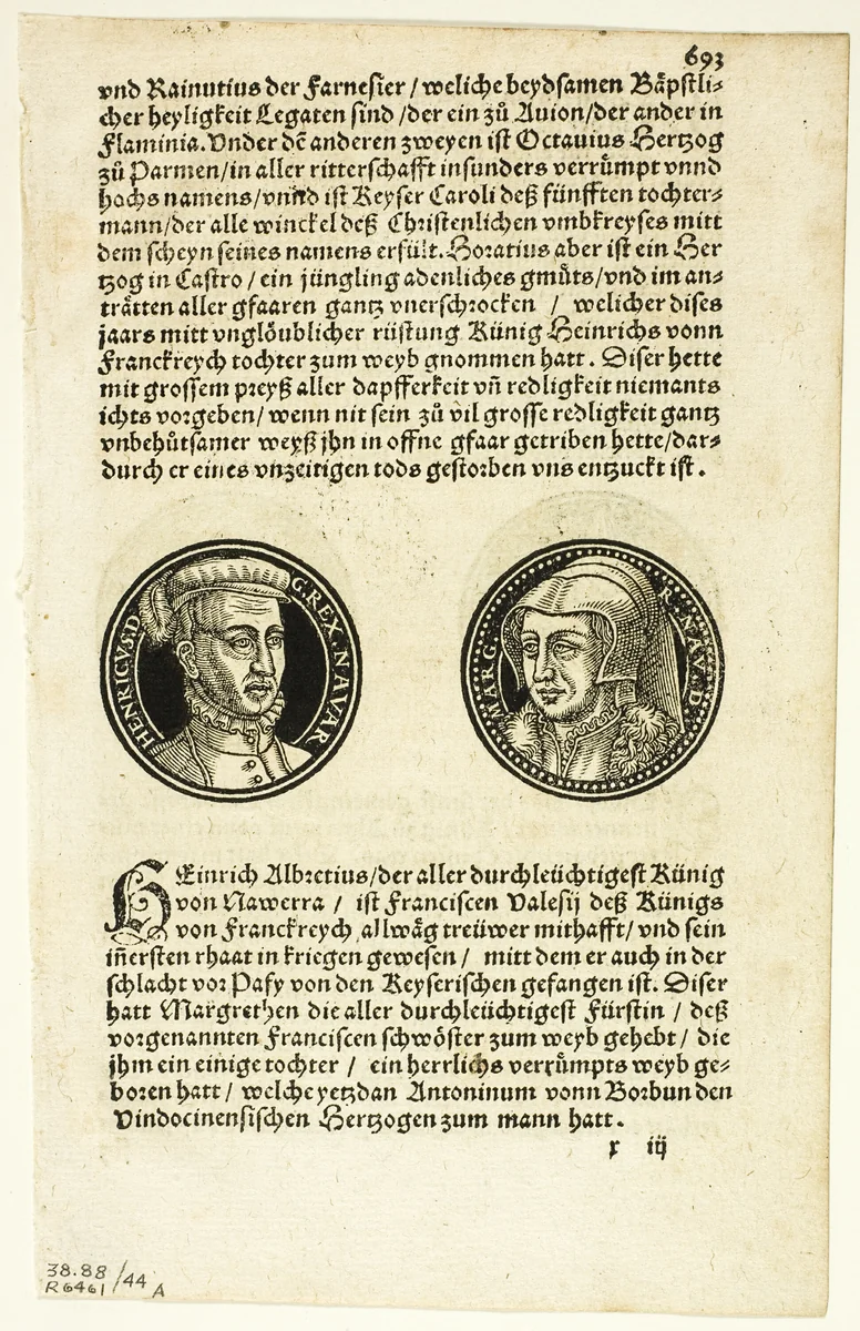 Medallion Portraits of Henry and Margaret of Navarre (recto) and Portraits of Barbarossa and of Muleasem of Tunis (verso) from Bildtnussen der Rhömischen Keyseren, plate 44 from Woodcuts from Books of the XVI Century by Hans Rudolf Manuel Deutsch, print, 1558