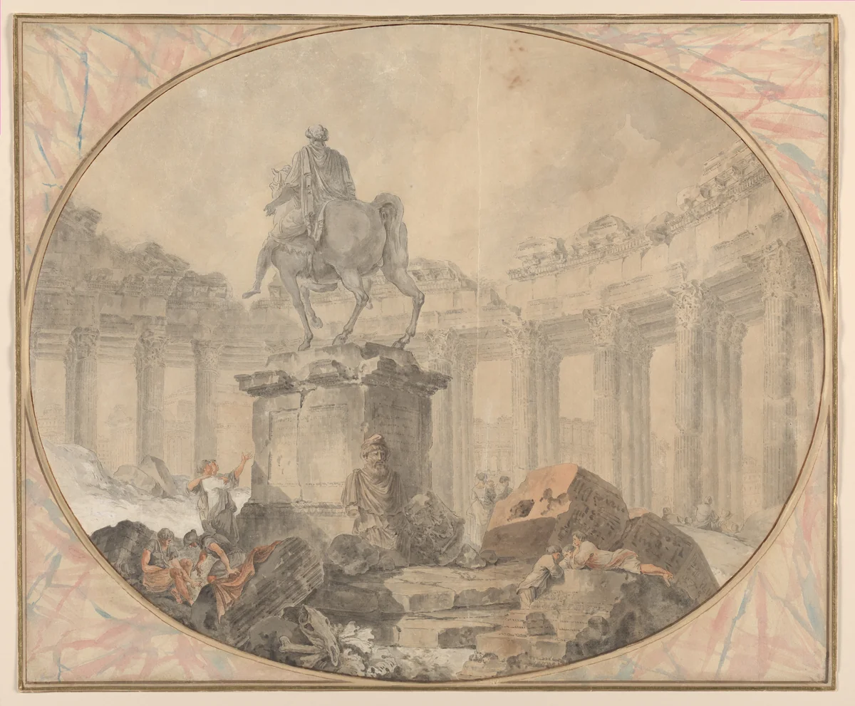 Equestrian Statue of Marcus Aurelius by Hubert Robert, drawing, 1757