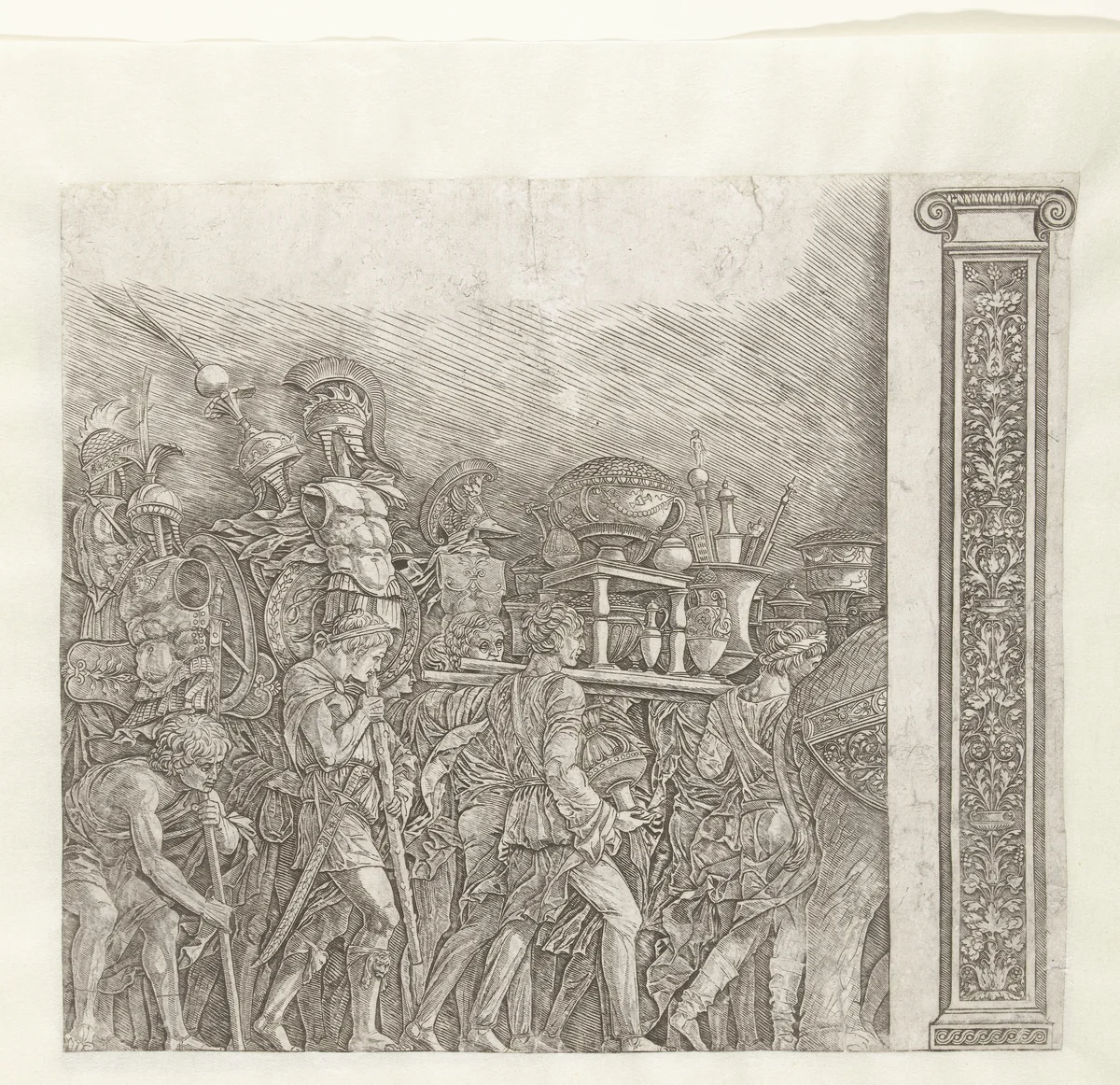 Soldaten met oorlogstrofeeën in triomftocht van Caesar en pilaster by Unknown, print, 1486-1492