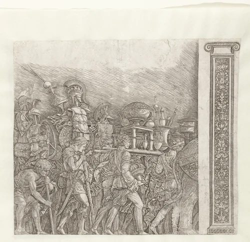 Soldaten met oorlogstrofeeën in triomftocht van Caesar en pilaster by Unknown, print, 1486-1492