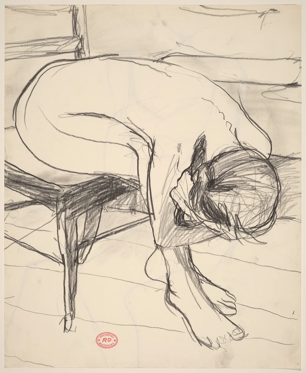 Untitled [seated female nude leaning forward and down] [recto] by Richard Diebenkorn, drawing, 1955-1967