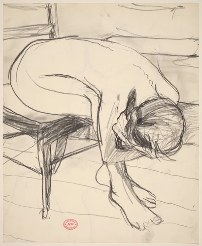 Untitled [seated female nude leaning forward and down] [recto] by Richard Diebenkorn, drawing, 1955-1967
