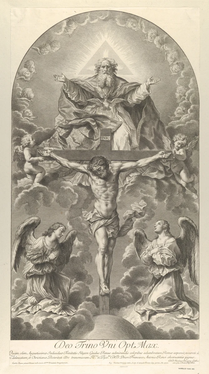 The Holy Trinity; Christ on the cross flanked by two angels, the Holy Spirit as a dove and God in heaven above the cross, a rectangular composition with half-circle at the top, after Reni by Nicolas Dorigny, print, 1702